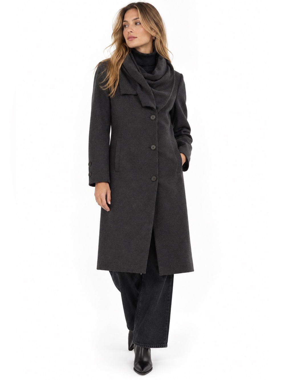 Harvé Benard Bernard Holtzman Wool Coat Attached Scarf Quiet Luxury 6